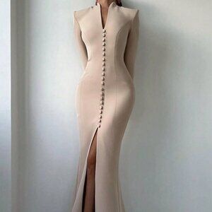 Khaki Elegant Women's Long Sleeve Formal Dress